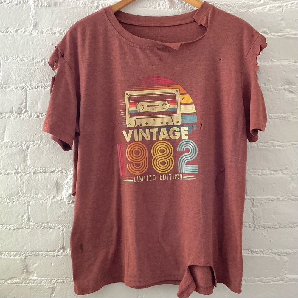Womens Thrashed Tee Vintage 1982 Graphic Destroyed T-Shirt Grunge Festival L